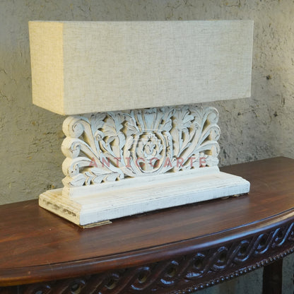 AnticoArte Hand-Carved Floral Scroll Wooden Table Lamp | Rectangular Natural Linen Shade | Distressed Whitewash Console Lamp for Vintage & Farmhouse Decor