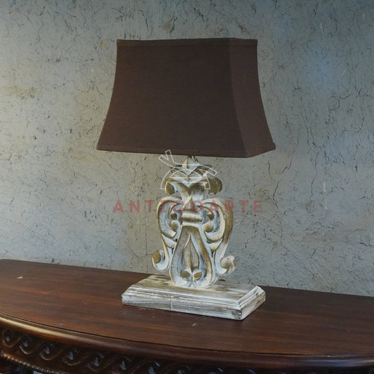 AnticoArte Distressed Whitewash Carved Wood Table Lamp | Dark Brown Tapered Square Shade | Vintage Scrollwork Console Lamp for French Country & Rustic Decor
