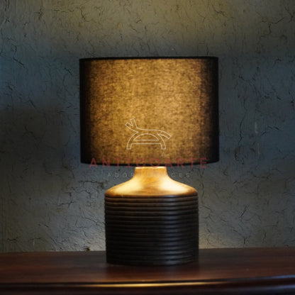 AnticoArte Ribbed Wood Table Lamp | Black Drum Shade Bedside Lamp | Hand-Turned Grooved Wooden Base Table Light for Home & Hotel Decor