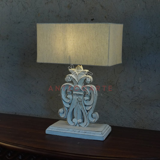 AnticoArte Distressed Whitewash Carved Wood Table Lamp | Rectangular Natural Linen Shade | Vintage Scrollwork Console Lamp for French Country & Farmhouse Decor