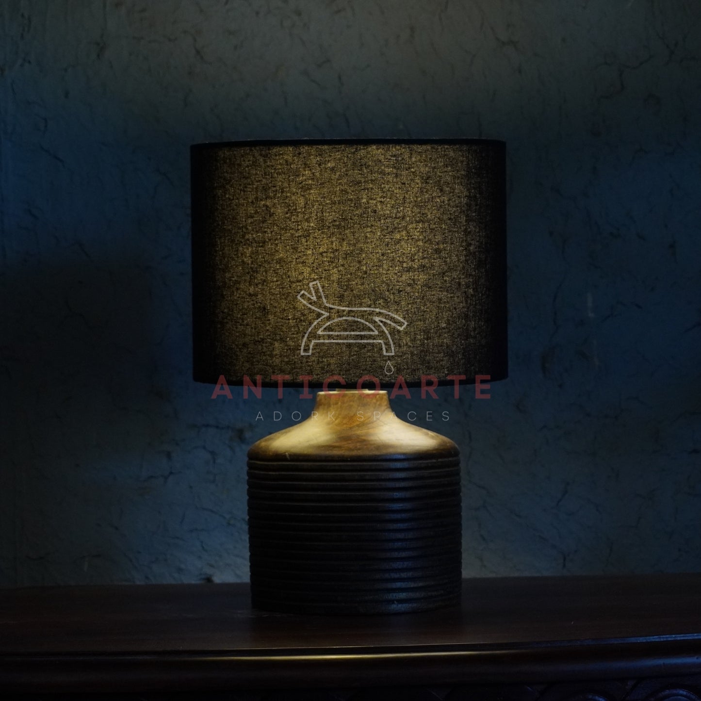 AnticoArte Ribbed Wood Table Lamp | Black Drum Shade Bedside Lamp | Hand-Turned Grooved Wooden Base Table Light for Home & Hotel Decor