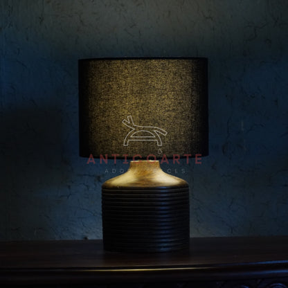 AnticoArte Ribbed Wood Table Lamp | Black Drum Shade Bedside Lamp | Hand-Turned Grooved Wooden Base Table Light for Home & Hotel Decor