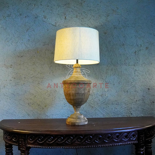 AnticoArte Classic Urn Wooden Table Lamp | Weathered Natural Finish & Cream Linen Shade | Hand-Turned Pedestal Console Lamp for Farmhouse & Traditional Decor