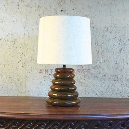 AnticoArte Stacked Pebble Wooden Table Lamp | Natural Linen Drum Shade Bedside Light | Hand-Turned Conical Zen Ring Base for Home & Hotel Deco