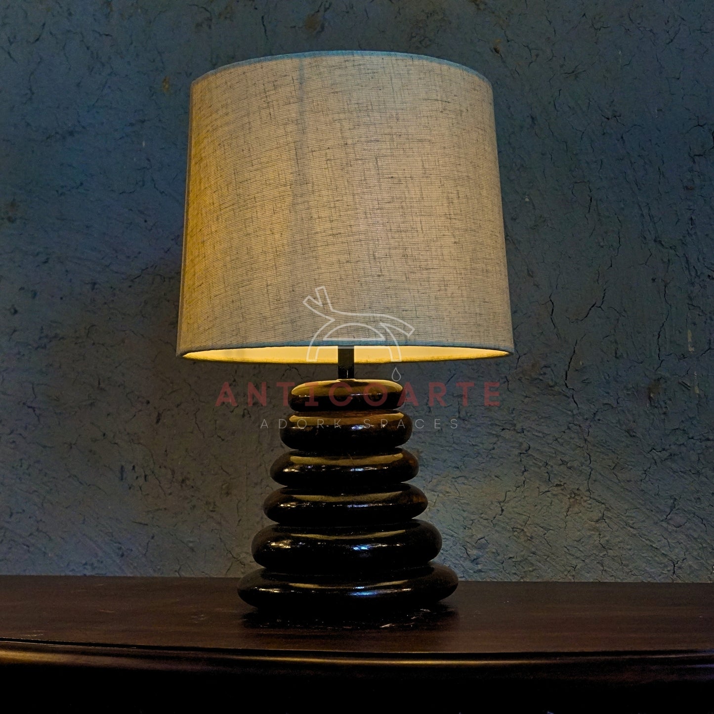 AnticoArte Stacked Pebble Wooden Table Lamp | Natural Linen Drum Shade Bedside Light | Hand-Turned Conical Zen Ring Base for Home & Hotel Deco