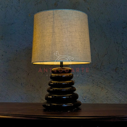AnticoArte Stacked Pebble Wooden Table Lamp | Natural Linen Drum Shade Bedside Light | Hand-Turned Conical Zen Ring Base for Home & Hotel Deco