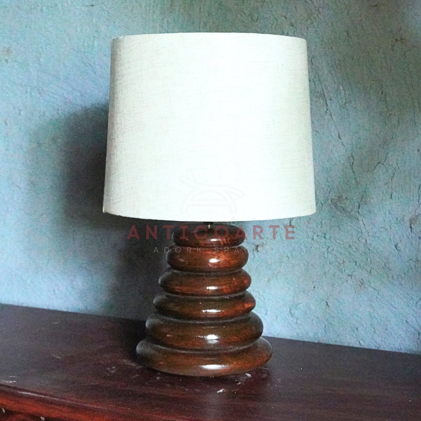 AnticoArte Stacked Pebble Wooden Table Lamp | Natural Linen Drum Shade Bedside Light | Hand-Turned Conical Zen Ring Base for Home & Hotel Deco