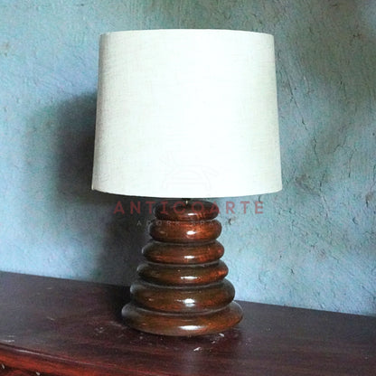 AnticoArte Stacked Pebble Wooden Table Lamp | Natural Linen Drum Shade Bedside Light | Hand-Turned Conical Zen Ring Base for Home & Hotel Deco