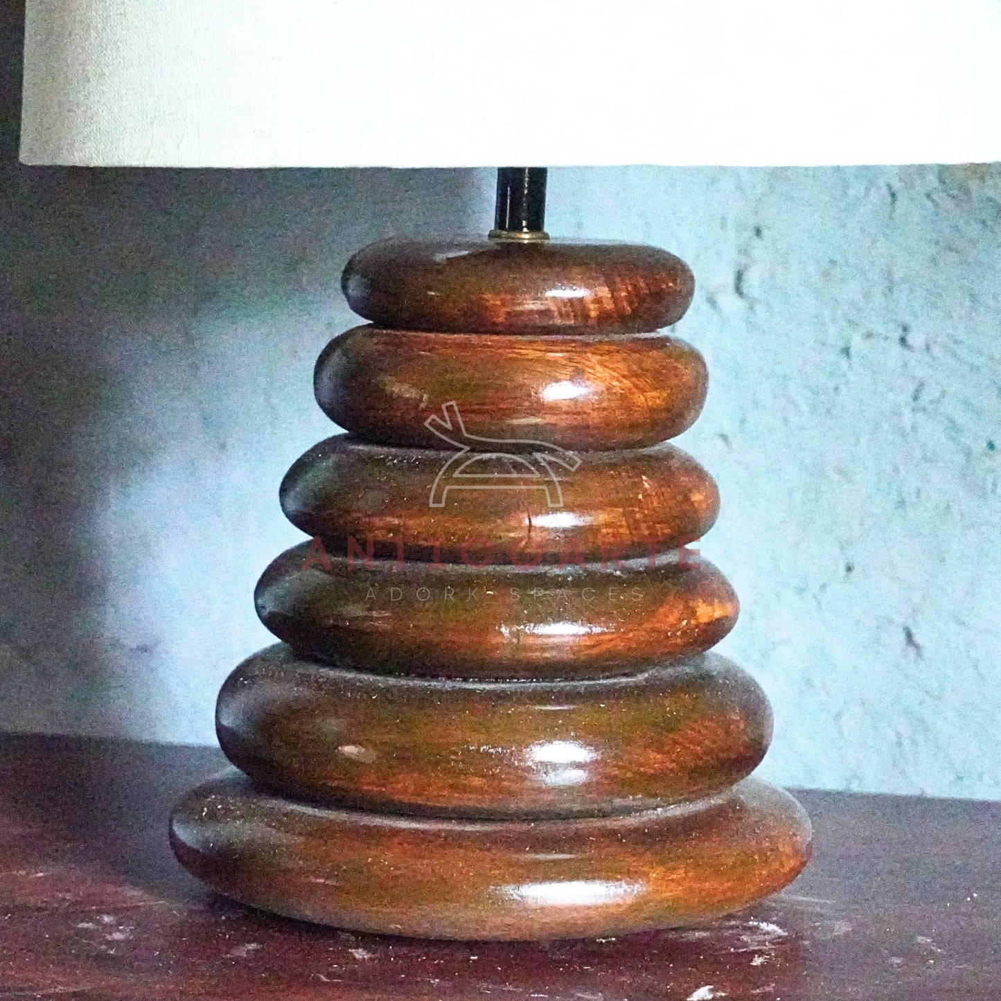 AnticoArte Stacked Pebble Wooden Table Lamp | Natural Linen Drum Shade Bedside Light | Hand-Turned Conical Zen Ring Base for Home & Hotel Deco
