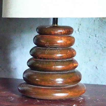 AnticoArte Stacked Pebble Wooden Table Lamp | Natural Linen Drum Shade Bedside Light | Hand-Turned Conical Zen Ring Base for Home & Hotel Deco