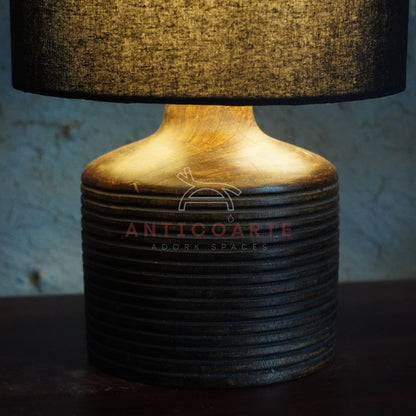 AnticoArte Ribbed Wood Table Lamp | Black Drum Shade Bedside Lamp | Hand-Turned Grooved Wooden Base Table Light for Home & Hotel Decor
