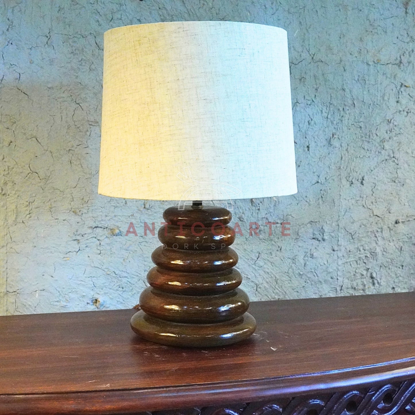 AnticoArte Stacked Pebble Wooden Table Lamp | Natural Linen Drum Shade Bedside Light | Hand-Turned Conical Zen Ring Base for Home & Hotel Deco