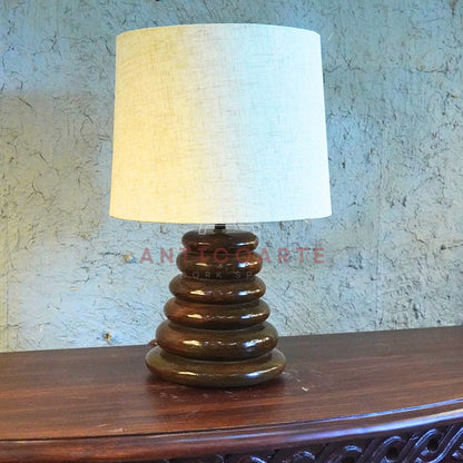 AnticoArte Stacked Pebble Wooden Table Lamp | Natural Linen Drum Shade Bedside Light | Hand-Turned Conical Zen Ring Base for Home & Hotel Deco