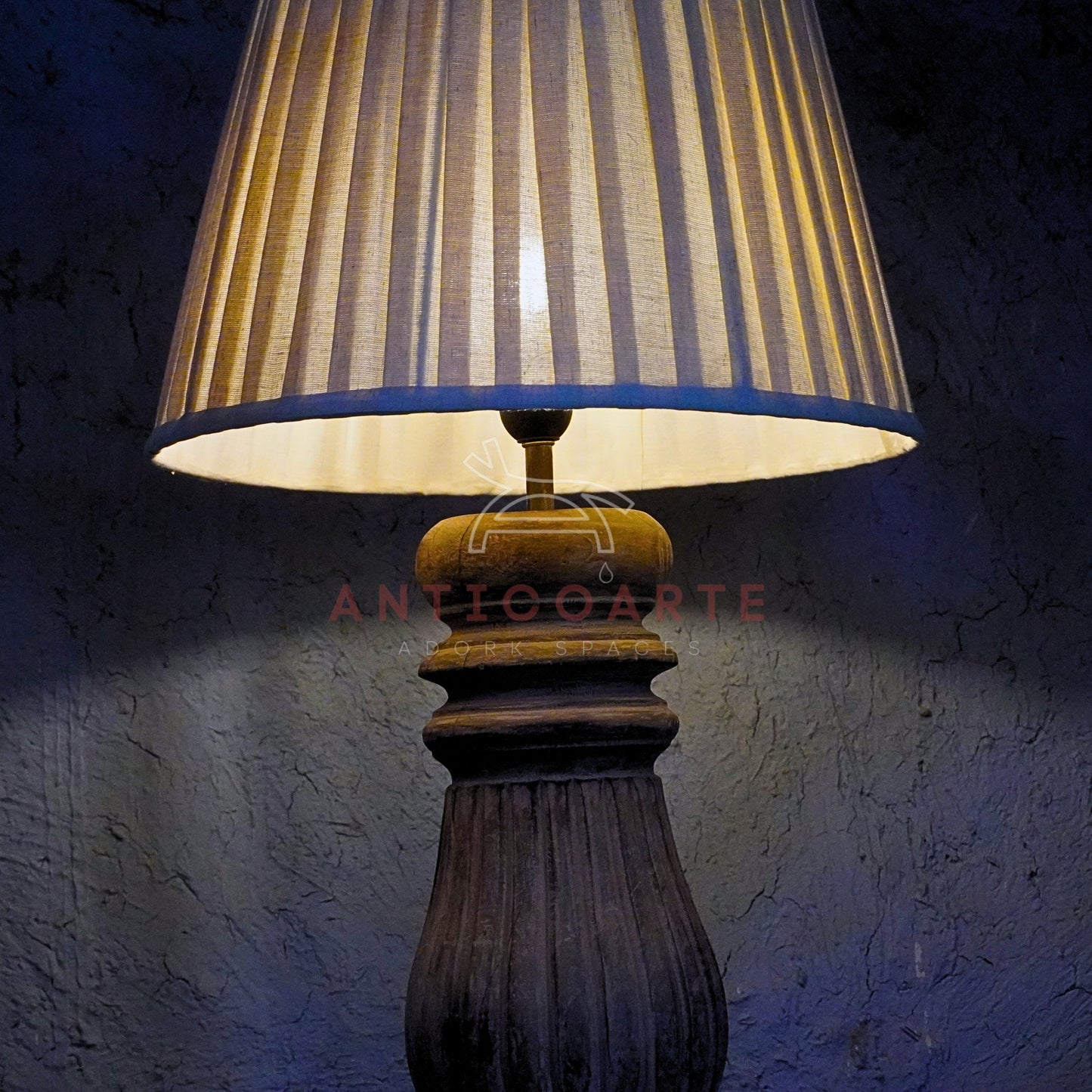 AnticoArte Weathered Wood Baluster Table Lamp | Pleated Cream Fabric Shade | Hand-Carved Fluted Candlestick Console Light for French Country & Farmhouse Decor