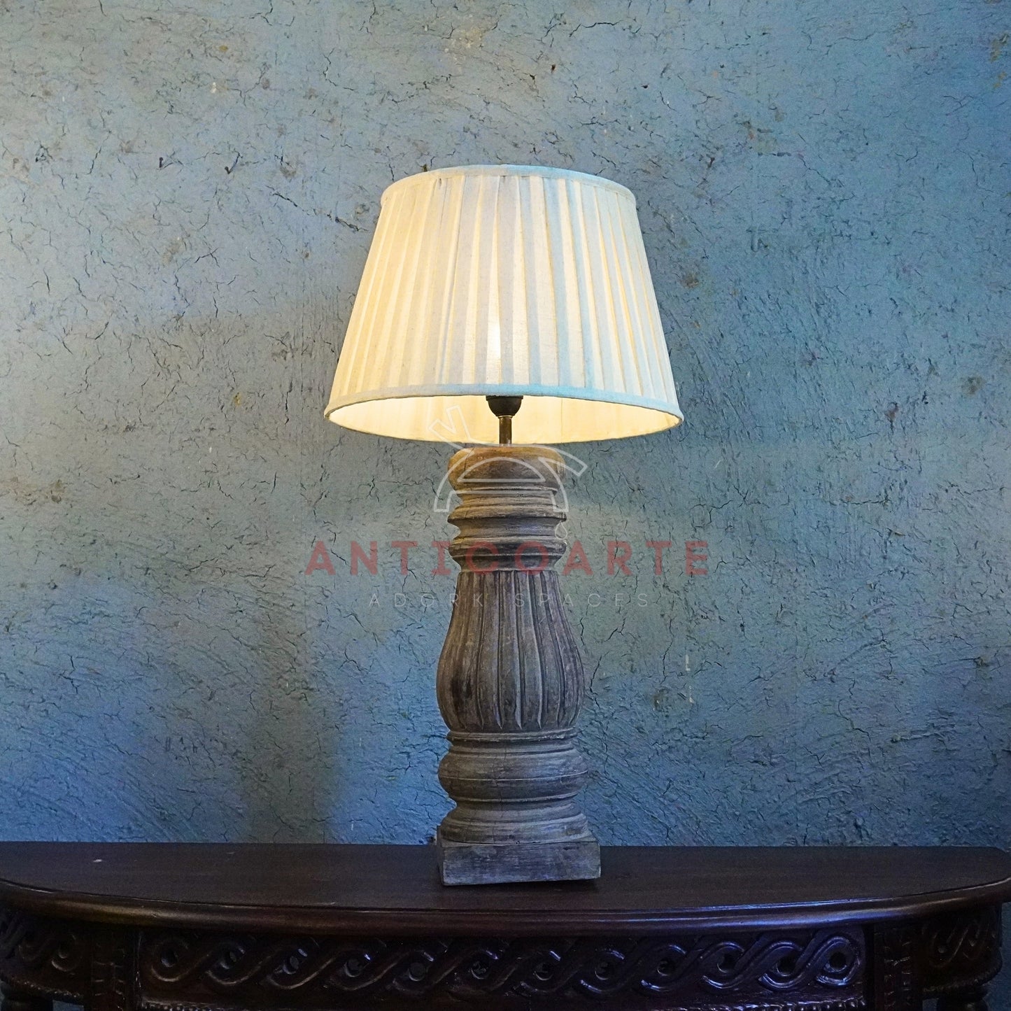 AnticoArte Weathered Wood Baluster Table Lamp | Pleated Cream Fabric Shade | Hand-Carved Fluted Candlestick Console Light for French Country & Farmhouse Decor