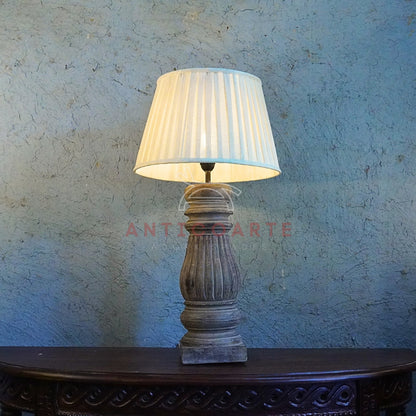 AnticoArte Weathered Wood Baluster Table Lamp | Pleated Cream Fabric Shade | Hand-Carved Fluted Candlestick Console Light for French Country & Farmhouse Decor
