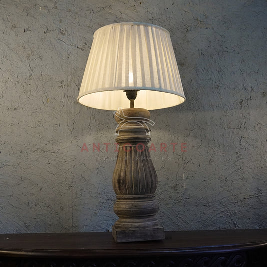 AnticoArte Weathered Wood Baluster Table Lamp | Pleated Cream Fabric Shade | Hand-Carved Fluted Candlestick Console Light for French Country & Farmhouse Decor