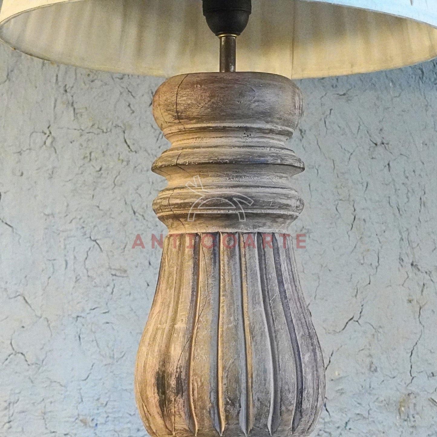 AnticoArte Weathered Wood Baluster Table Lamp | Pleated Cream Fabric Shade | Hand-Carved Fluted Candlestick Console Light for French Country & Farmhouse Decor