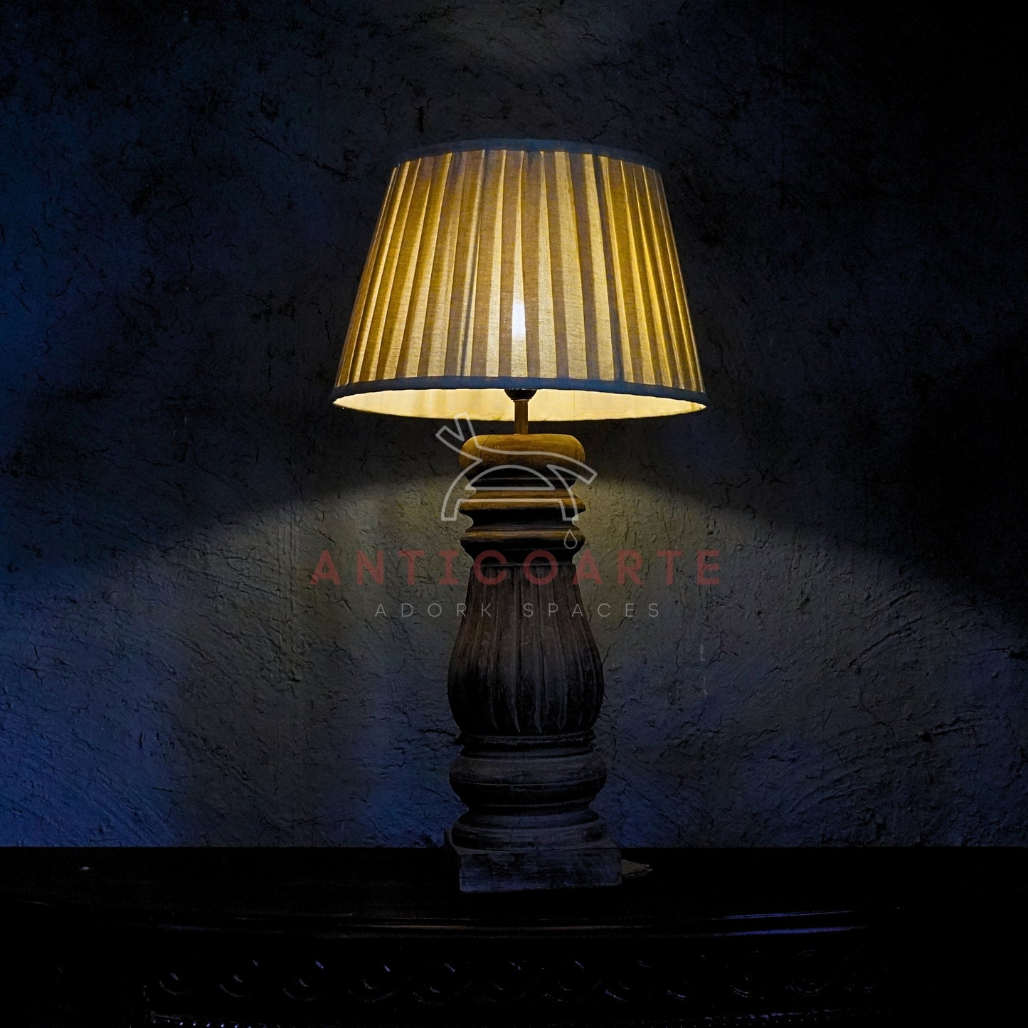 AnticoArte Weathered Wood Baluster Table Lamp | Pleated Cream Fabric Shade | Hand-Carved Fluted Candlestick Console Light for French Country & Farmhouse Decor