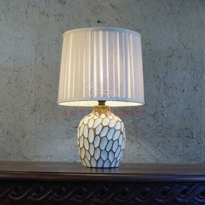 AnticoArte Hand-Carved Honeycomb Wooden Table Lamp | Pleated Cream Drum Shade Bedside Lamp | Textured Faceted Oval Pattern Wooden Base Light for Coastal & Boho Home Decor