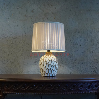 AnticoArte Hand-Carved Honeycomb Wooden Table Lamp | Pleated Cream Drum Shade Bedside Lamp | Textured Faceted Oval Pattern Wooden Base Light for Coastal & Boho Home Decor