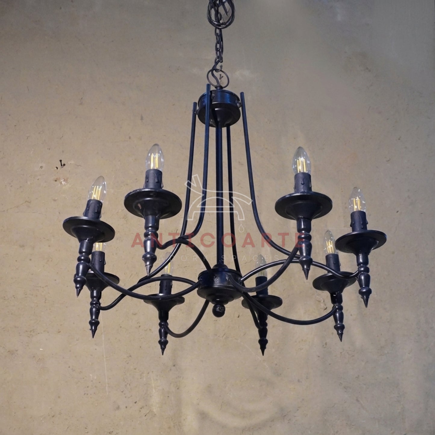 AnticoArte 8-Arm Gothic Candelabra Chandelier | Hand-Forged Matte Black Wrought Iron Ceiling Light | Medieval Castle Chandelier for Living Room, Dining & Hotel Decor