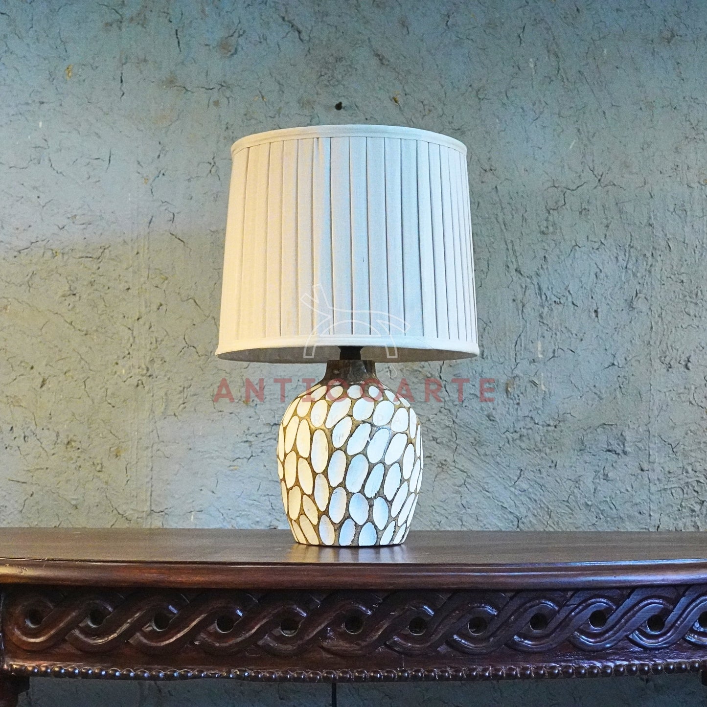 AnticoArte Hand-Carved Honeycomb Wooden Table Lamp | Pleated Cream Drum Shade Bedside Lamp | Textured Faceted Oval Pattern Wooden Base Light for Coastal & Boho Home Decor