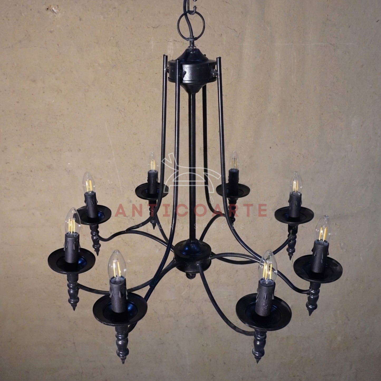 AnticoArte 8-Arm Gothic Candelabra Chandelier | Hand-Forged Matte Black Wrought Iron Ceiling Light | Medieval Castle Chandelier for Living Room, Dining & Hotel Decor