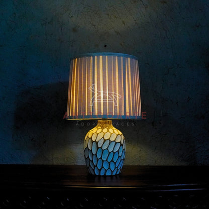 AnticoArte Hand-Carved Honeycomb Wooden Table Lamp | Pleated Cream Drum Shade Bedside Lamp | Textured Faceted Oval Pattern Wooden Base Light for Coastal & Boho Home Decor