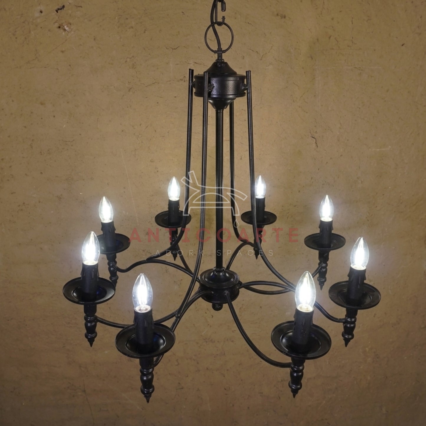 AnticoArte 8-Arm Gothic Candelabra Chandelier | Hand-Forged Matte Black Wrought Iron Ceiling Light | Medieval Castle Chandelier for Living Room, Dining & Hotel Decor