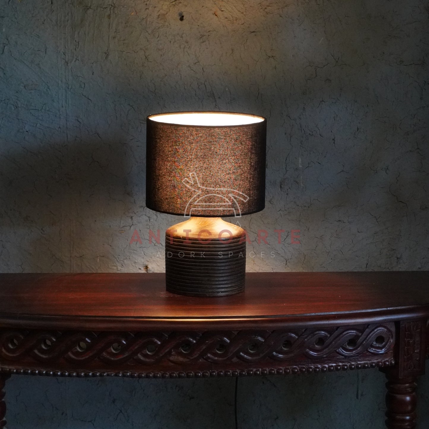 AnticoArte Ribbed Wood Table Lamp | Black Drum Shade Bedside Lamp | Hand-Turned Grooved Wooden Base Table Light for Home & Hotel Decor
