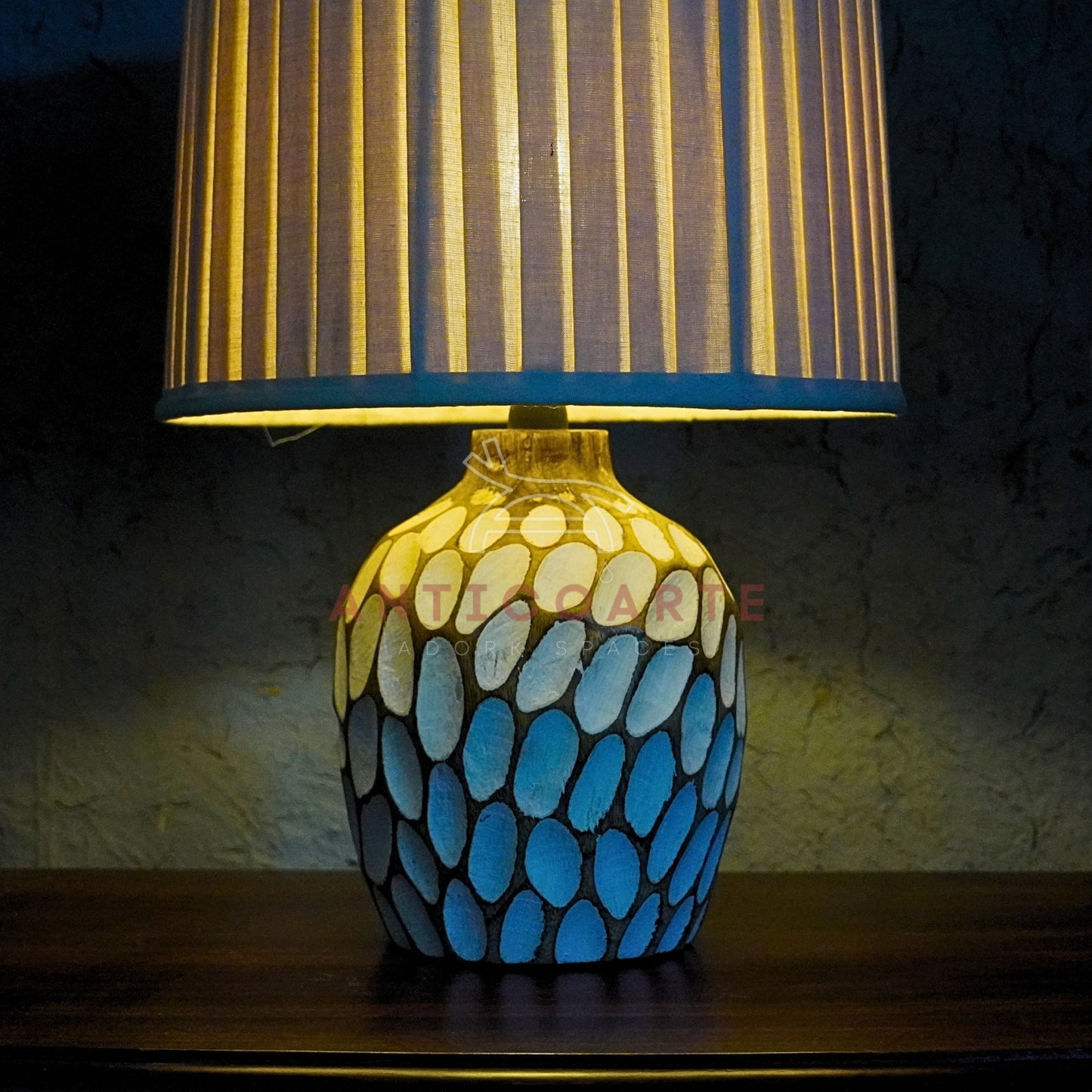 AnticoArte Hand-Carved Honeycomb Wooden Table Lamp | Pleated Cream Drum Shade Bedside Lamp | Textured Faceted Oval Pattern Wooden Base Light for Coastal & Boho Home Decor