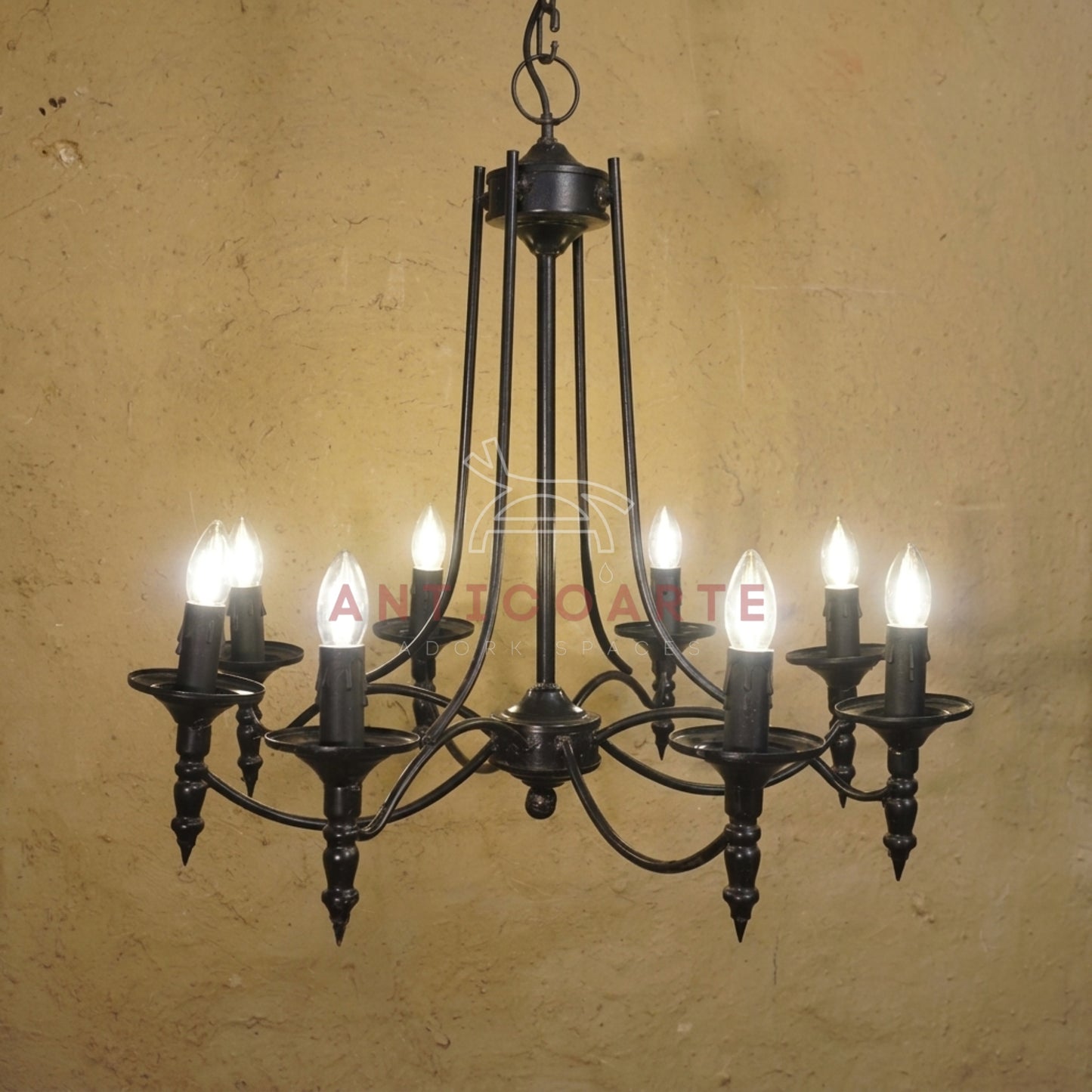 AnticoArte 8-Arm Gothic Candelabra Chandelier | Hand-Forged Matte Black Wrought Iron Ceiling Light | Medieval Castle Chandelier for Living Room, Dining & Hotel Decor