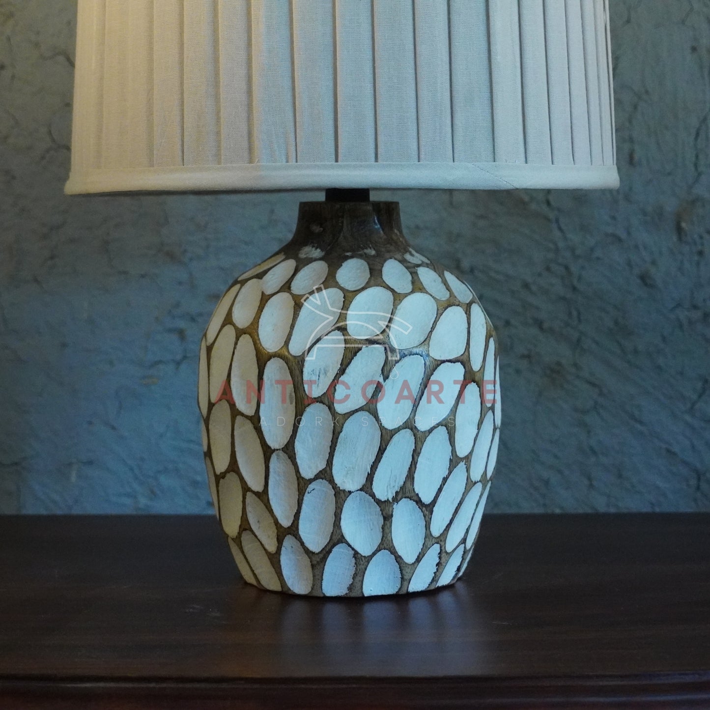 AnticoArte Hand-Carved Honeycomb Wooden Table Lamp | Pleated Cream Drum Shade Bedside Lamp | Textured Faceted Oval Pattern Wooden Base Light for Coastal & Boho Home Decor