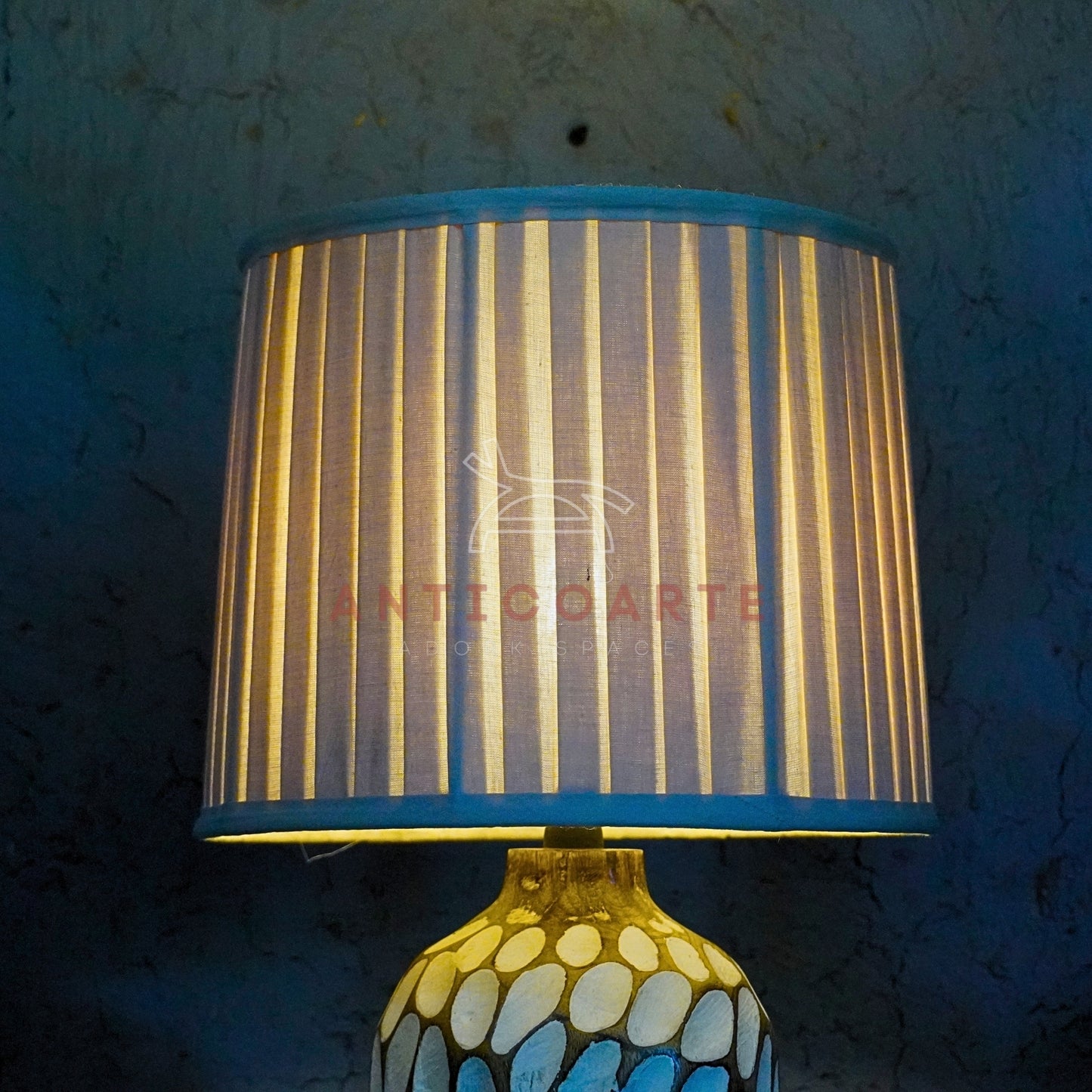 AnticoArte Hand-Carved Honeycomb Wooden Table Lamp | Pleated Cream Drum Shade Bedside Lamp | Textured Faceted Oval Pattern Wooden Base Light for Coastal & Boho Home Decor