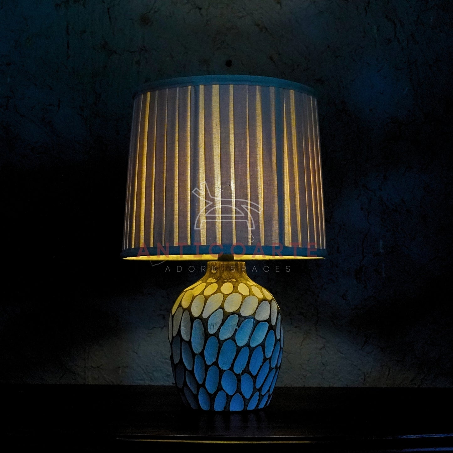 AnticoArte Hand-Carved Honeycomb Wooden Table Lamp | Pleated Cream Drum Shade Bedside Lamp | Textured Faceted Oval Pattern Wooden Base Light for Coastal & Boho Home Decor