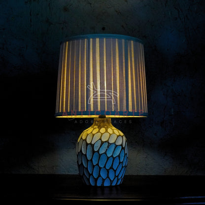 AnticoArte Hand-Carved Honeycomb Wooden Table Lamp | Pleated Cream Drum Shade Bedside Lamp | Textured Faceted Oval Pattern Wooden Base Light for Coastal & Boho Home Decor