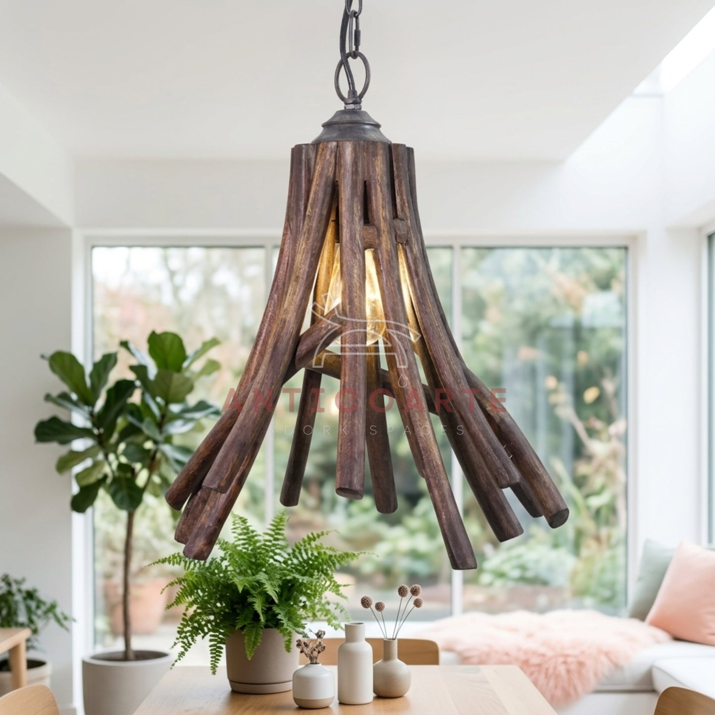 AnticoArte Driftwood Bundle Pendant Light | Handcrafted Natural Wood Stick Hanging Ceiling Lamp | Rustic Bohemian Pendant Light for Living Room, Café & Hotel Decor