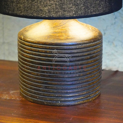 AnticoArte Ribbed Wood Table Lamp | Black Drum Shade Bedside Lamp | Hand-Turned Grooved Wooden Base Table Light for Home & Hotel Decor