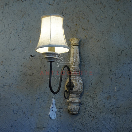 AnticoArte Distressed Wood & Wrought Iron Wall Sconce | Crystal Drop Linen Shade Wall Lamp | Shabby Chic Vintage Wall Light for Home Decor