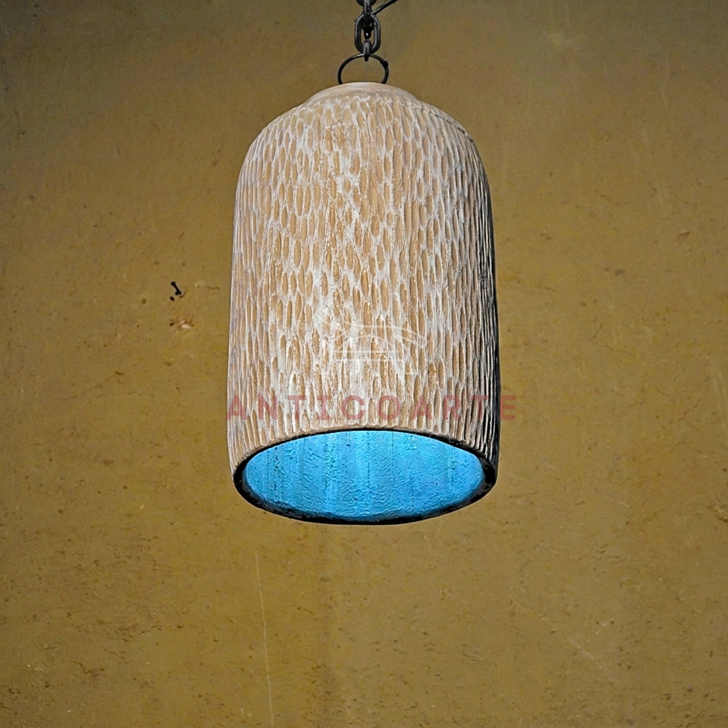 AnticoArte Hand-Chiselled Wood Pendant Light | Turquoise Interior Cylinder Hanging Lamp | Rustic Textured Mango Wood Pendant Light for Living Room, Café & Boutique Hotel Decor