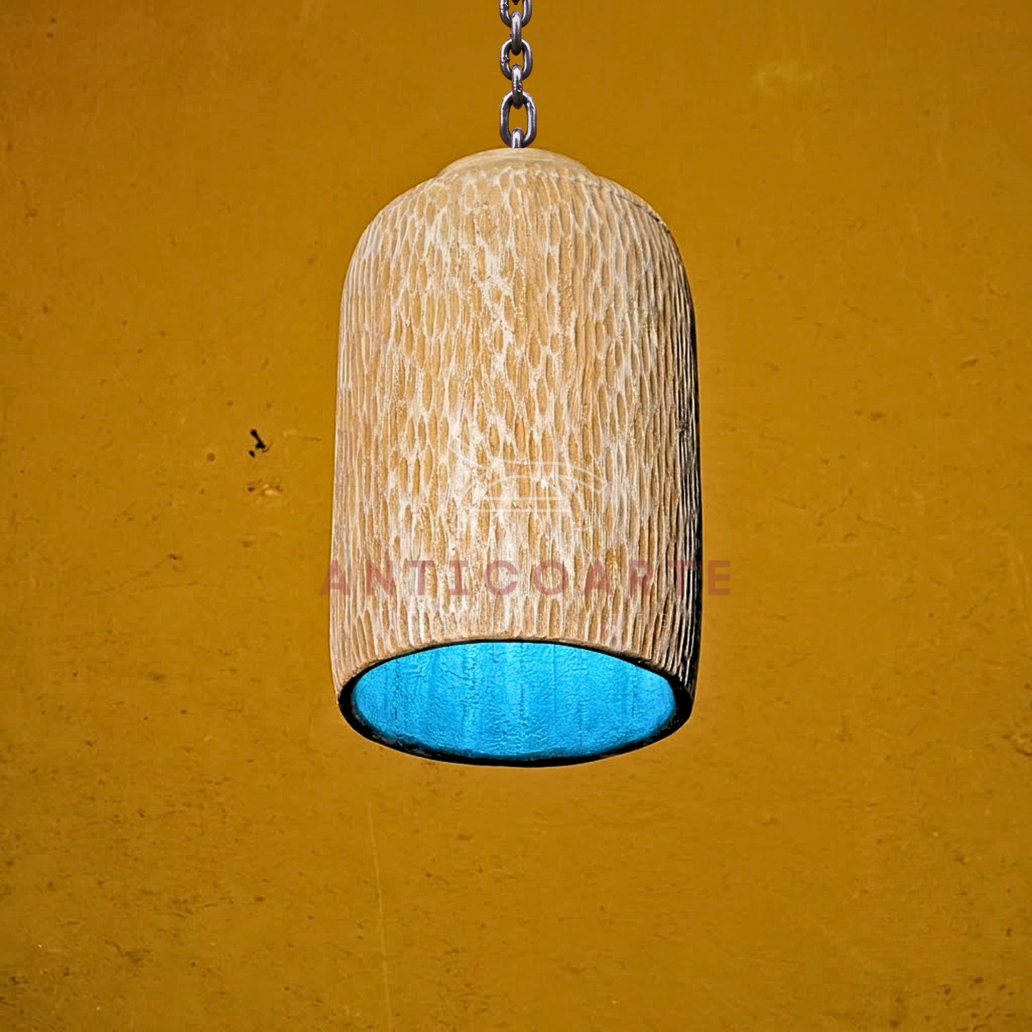 AnticoArte Hand-Chiselled Wood Pendant Light | Turquoise Interior Cylinder Hanging Lamp | Rustic Textured Mango Wood Pendant Light for Living Room, Café & Boutique Hotel Decor