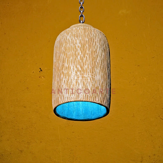 AnticoArte Hand-Chiselled Wood Pendant Light | Turquoise Interior Cylinder Hanging Lamp | Rustic Textured Mango Wood Pendant Light for Living Room, Café & Boutique Hotel Decor