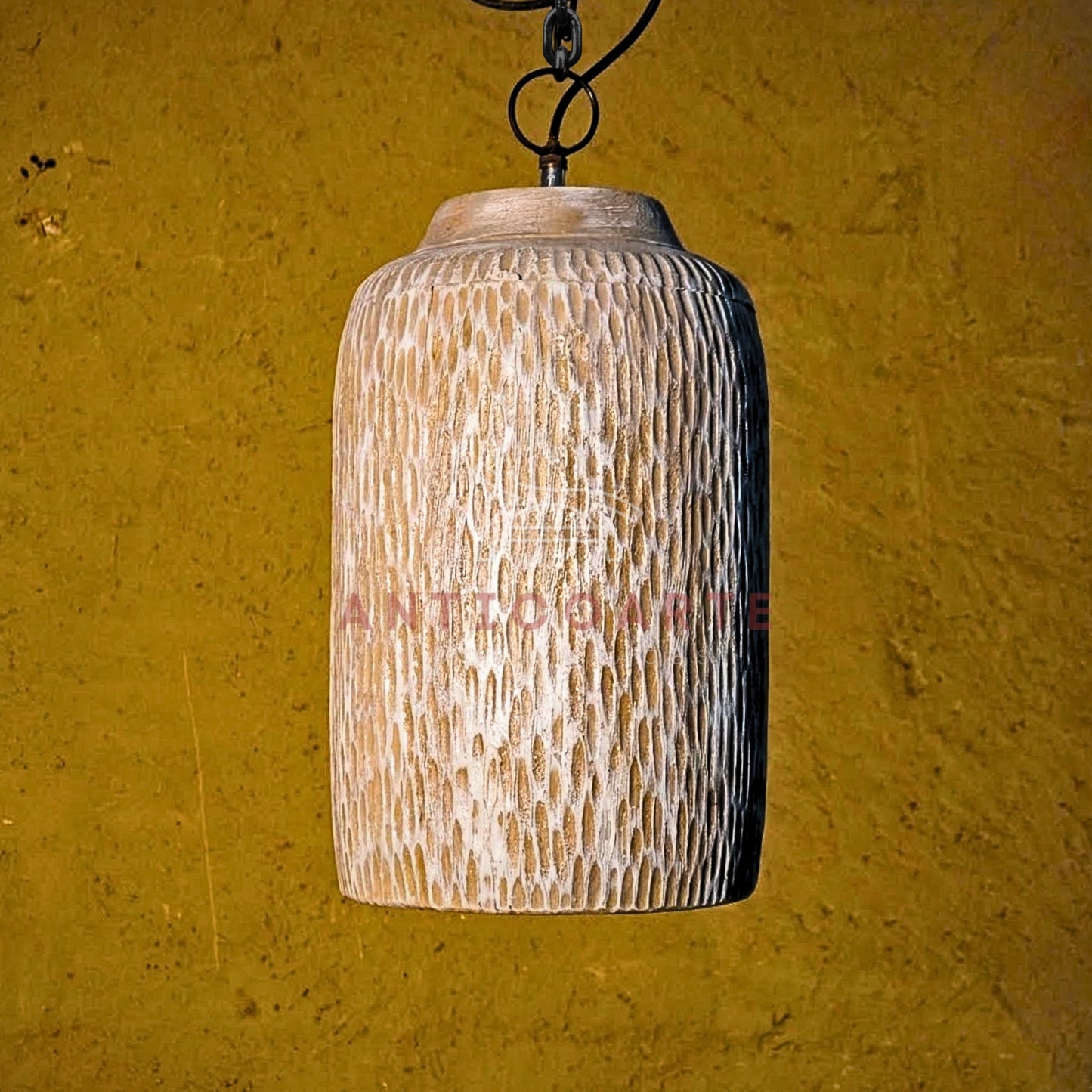 AnticoArte Hand-Chiselled Wood Pendant Light | Turquoise Interior Cylinder Hanging Lamp | Rustic Textured Mango Wood Pendant Light for Living Room, Café & Boutique Hotel Decor