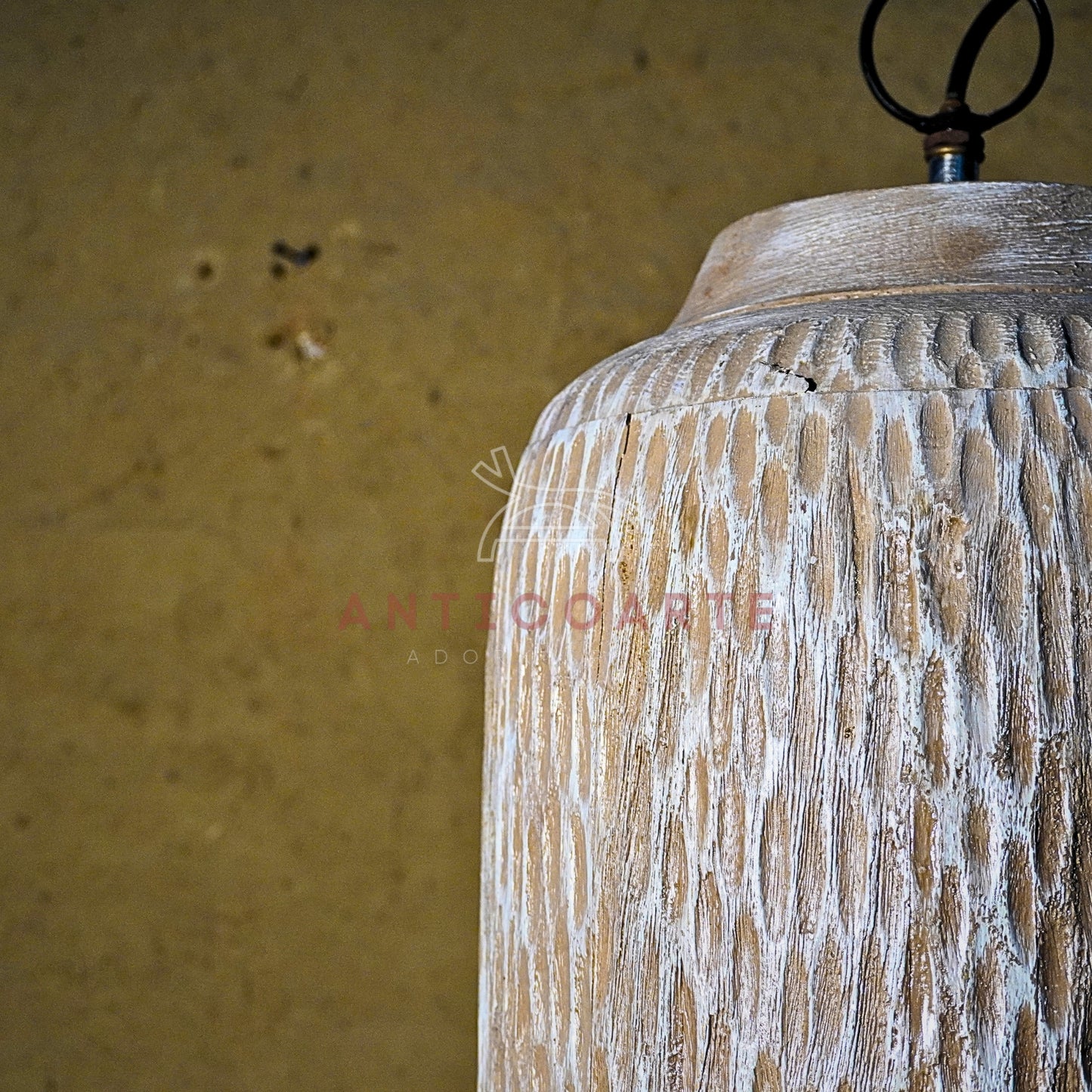 AnticoArte Hand-Chiselled Wood Pendant Light | Turquoise Interior Cylinder Hanging Lamp | Rustic Textured Mango Wood Pendant Light for Living Room, Café & Boutique Hotel Decor