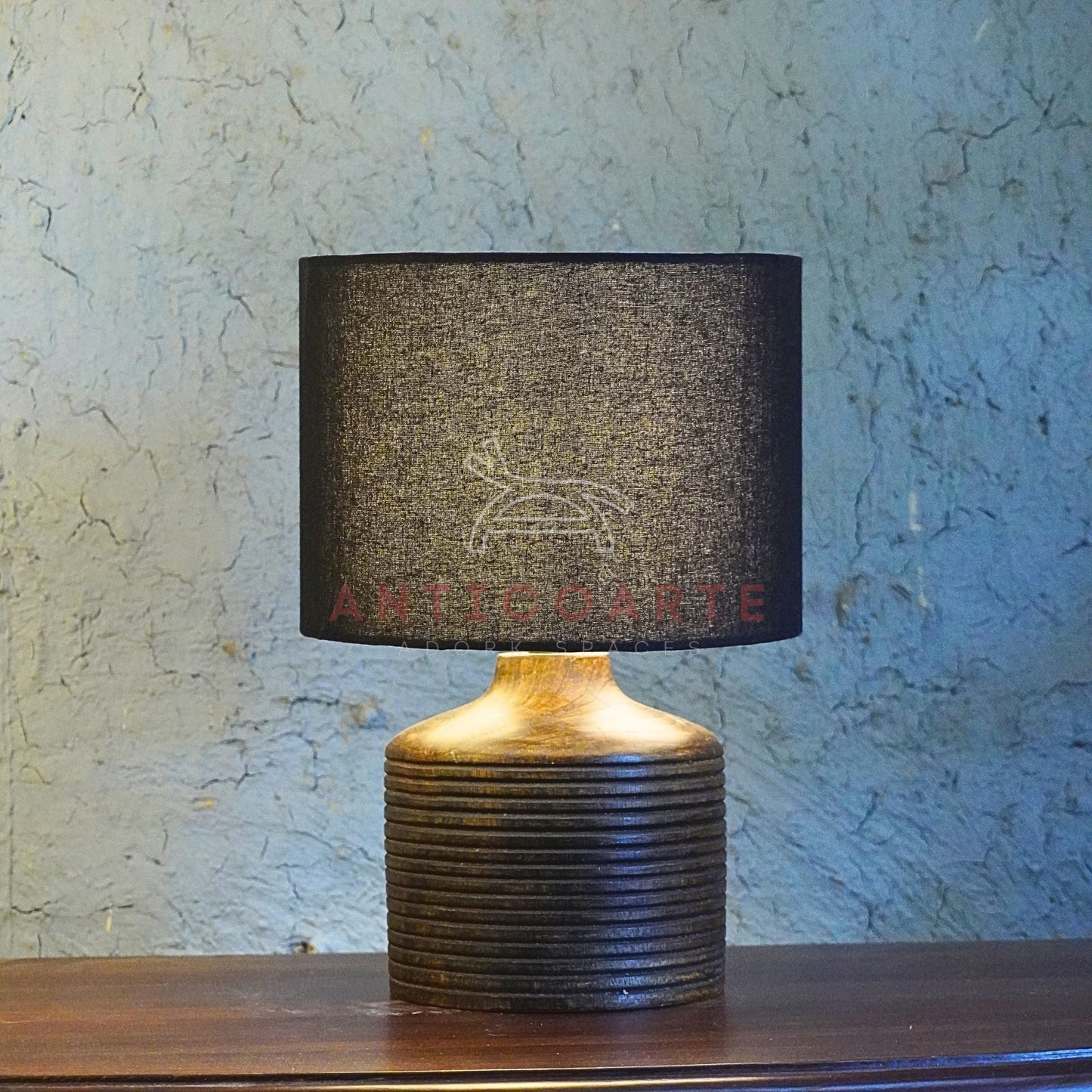 AnticoArte Ribbed Wood Table Lamp | Black Drum Shade Bedside Lamp | Hand-Turned Grooved Wooden Base Table Light for Home & Hotel Decor
