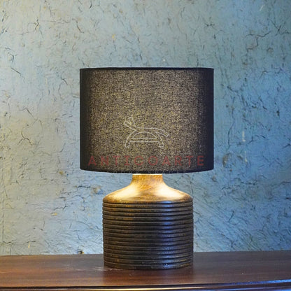 AnticoArte Ribbed Wood Table Lamp | Black Drum Shade Bedside Lamp | Hand-Turned Grooved Wooden Base Table Light for Home & Hotel Decor