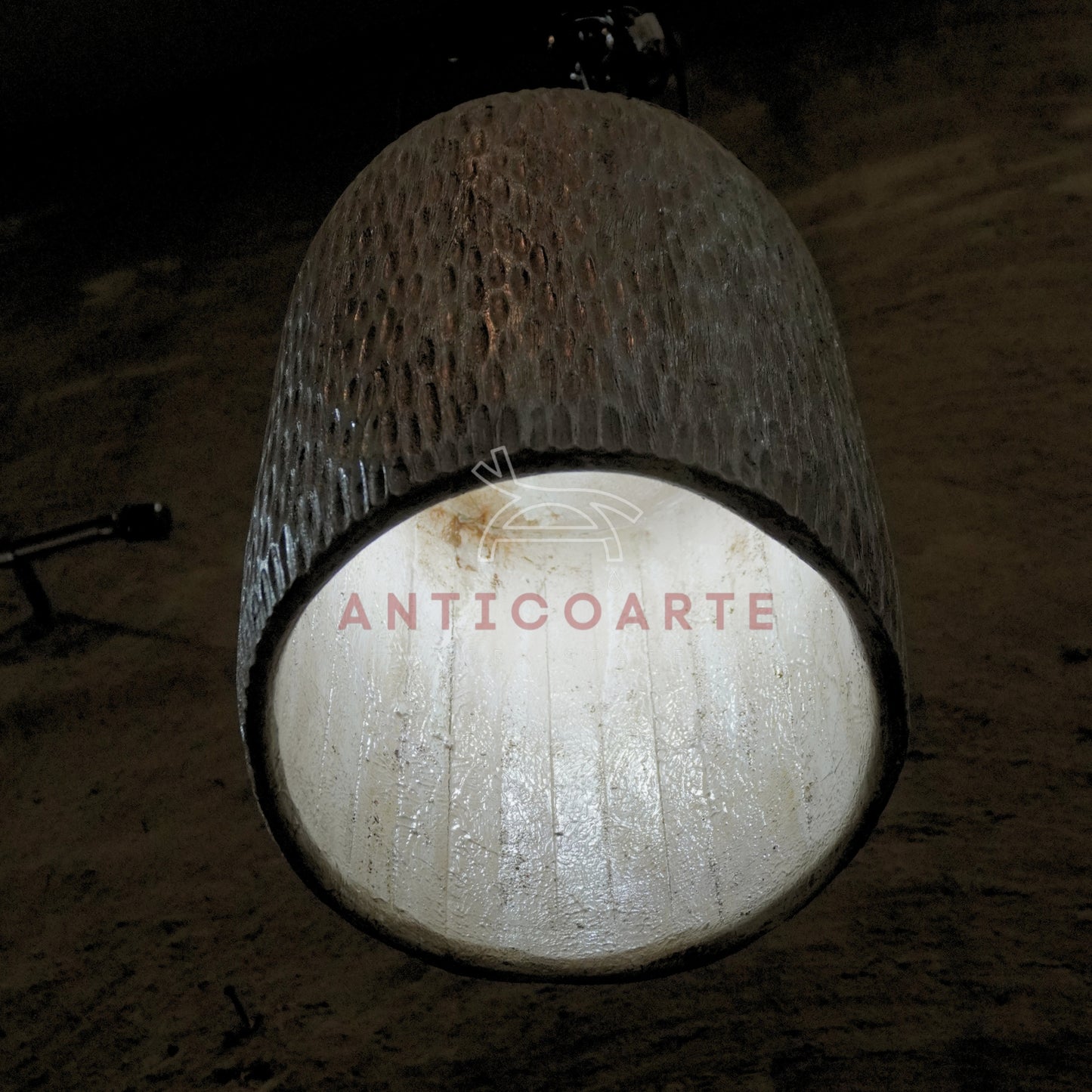 AnticoArte Hand-Chiselled Wood Pendant Light | Turquoise Interior Cylinder Hanging Lamp | Rustic Textured Mango Wood Pendant Light for Living Room, Café & Boutique Hotel Decor