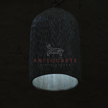 AnticoArte Hand-Chiselled Wood Pendant Light | Turquoise Interior Cylinder Hanging Lamp | Rustic Textured Mango Wood Pendant Light for Living Room, Café & Boutique Hotel Decor