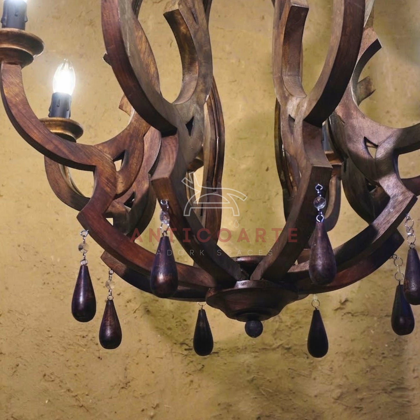 AnticoArte 8-Arm Crown Mango Wood Chandelier | Hand-Carved Wooden Candelabra Chandelier with Teardrop Pendants | Colonial Baroque Ceiling Light for Dining Room, Hotel & Heritage Decor